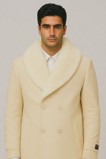 Men’s Cream Double-Breasted Peacoat Overcoat with Faux Fur Shawl Collar – Alberto Nardoni Wool Collection
