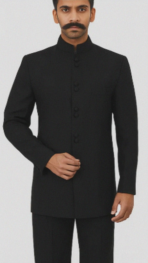 Black 8 Button Mandarin banded collar Nehru Style Suit