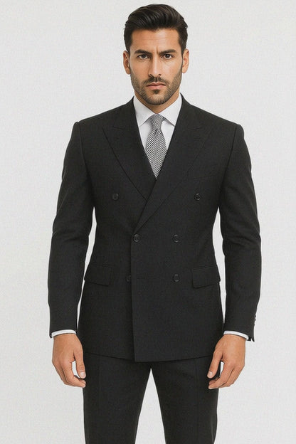 Brand New Solid Black Double Breasted Suit 100% Wool Fabric Super 150s Wide Suit Side Vent (pleated or Flat Front Pants)