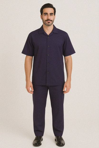 Mens 100% Mens Linen Suit - Fabric–Dark Navy ~ Mens Walking Casual Two Piece Summer Short Sleeve Shirt & Pants Sets ~ Two Piece Mens Walking Outfit For Sale Pant Sets