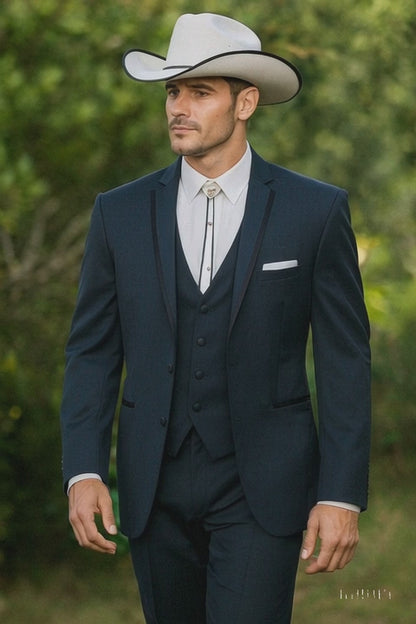 2 Button Vested Satin Trim Lapel Cowboy Tuxedo in Navy