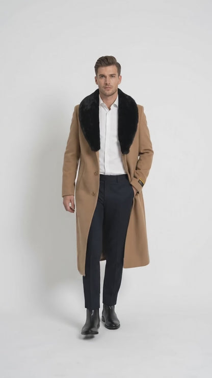 Men’s Camel Wool Full-Length Top Coat with Black Fur Collar – Classic Winter Overcoat