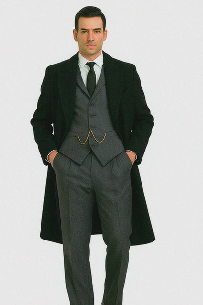 Men's Black Full-length Sleeves Buttoned Closure Peaky Blinders Suit - Peaky Blinders Outfit + Overcoat + Hat (Peaky Blinders Custome)