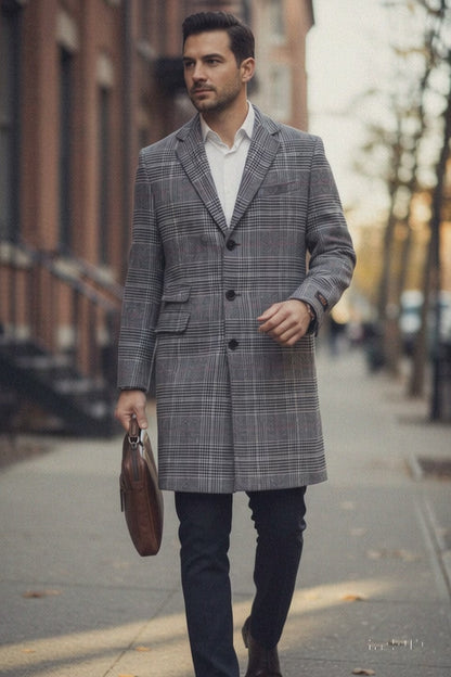 Mens Plaid Overcoat - Checkered Carcoat - 100% Wool Three Quarter Peacoat