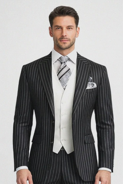 Men'S Black 2 Buttons Chalk Bold Stripe ~ Pinstripe Double Breasted Shawl Collar 1920'S 30'S Fashion Vintage Pattern No Vest Included Suit