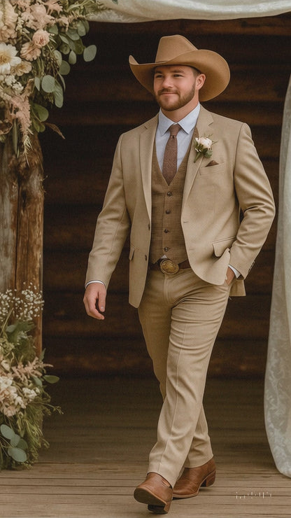 Stylish Cowboy Wedding Suit for Men – Rustic Old Western Elegance - Traje Para Hombre Tan with Brown Vest Color
