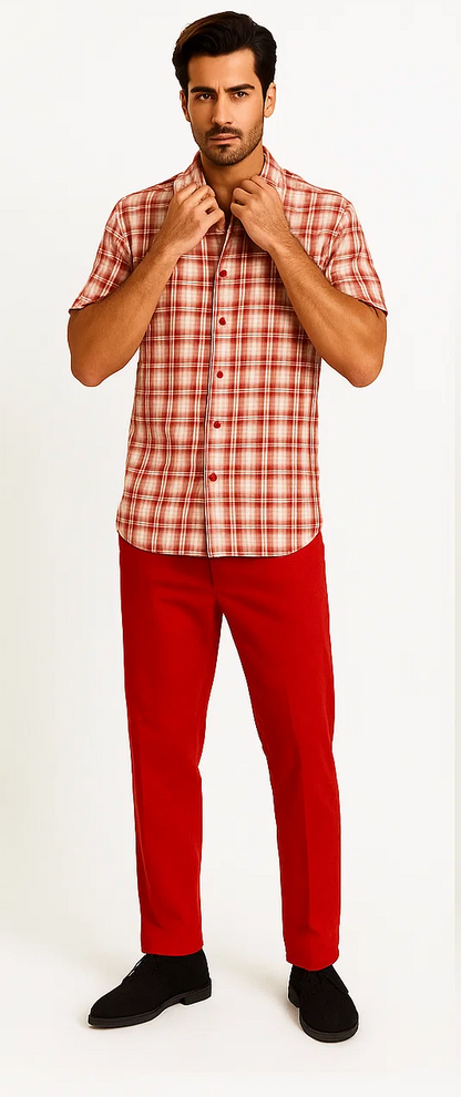 Mens Textured Plaid Walking Suit in Red/Off White by Dreams by Zacchi – 2 Piece Leisure Outfit with matching shirt and pant -$99