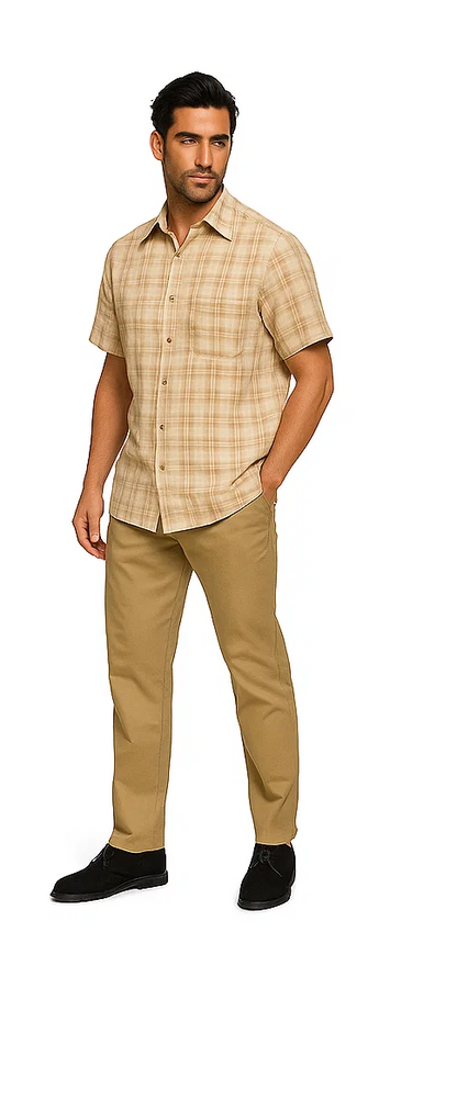 Mens Textured Plaid Walking Suit in tan/cream  by Dreams by Zacchi – 2 Piece Leisure Outfit with  matching shirt and pant -$99