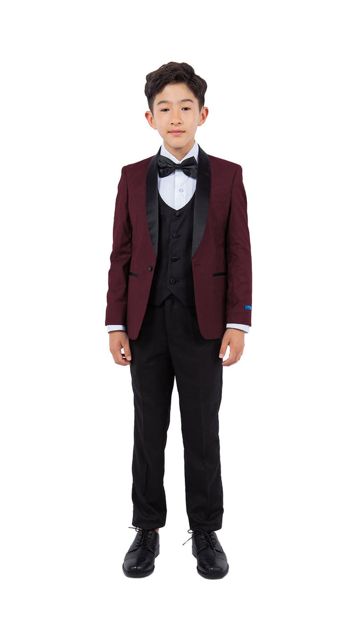 Perry Ellis Boys' 5-Piece Solid Tuxedo - Burgundy and Black