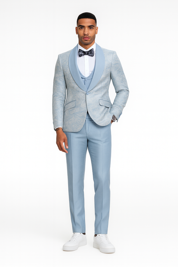 2025 Prom Special Blue Tuxedo Suit w/ Double-Breasted Vest by Tazzio