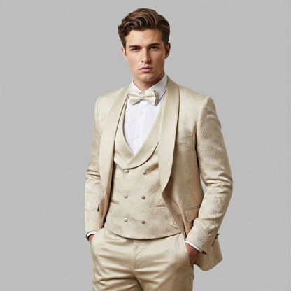 Men’s Tan Floral Shawl Lapel Tuxedo Set, Wedding and Prom Formal Suit