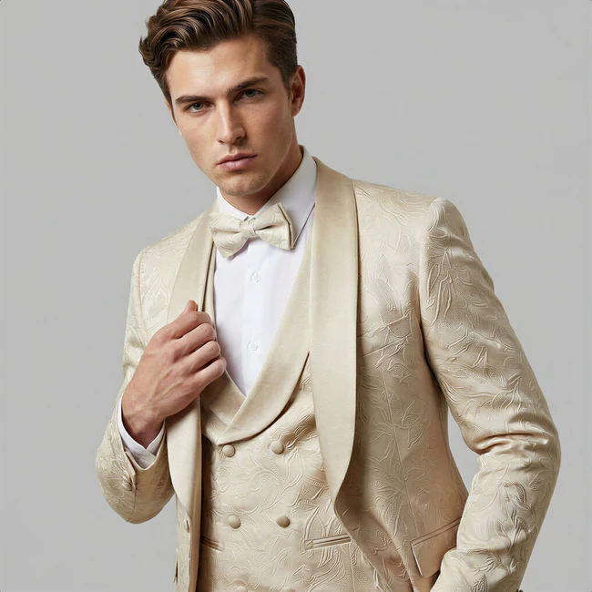 Men’s Tan Floral Shawl Lapel Tuxedo Set, Wedding and Prom Formal Suit