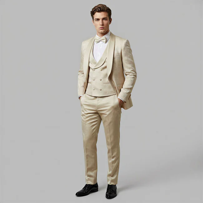 Men’s Tan Floral Shawl Lapel Tuxedo Set, Wedding and Prom Formal Suit