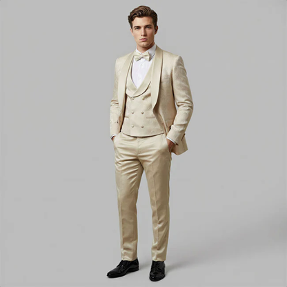 Men’s Tan Floral Shawl Lapel Tuxedo Set, Wedding and Prom Formal Suit