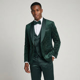 Men's Green Velvet Patterned Shawl Lapel Tuxedo Set for Wedding & Prom
