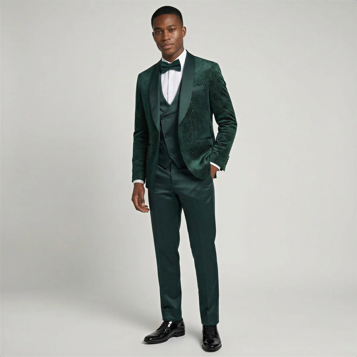 Men's Green Velvet Patterned Shawl Lapel Tuxedo Set for Wedding & Prom