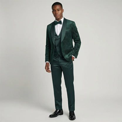 Men's Green Velvet Patterned Shawl Lapel Tuxedo Set for Wedding & Prom