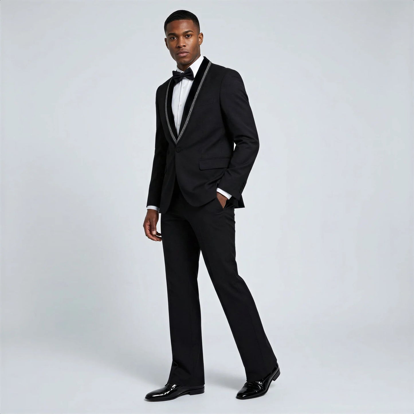 Bootcut wedding suit Black Shawl Lapel Bootcut Tuxedo with Stone Trim – Prom and Wedding