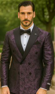 Purple Double Breasted Rough Streak Pattern Satin Peak Lapel Stacy Adams Men's Jacket