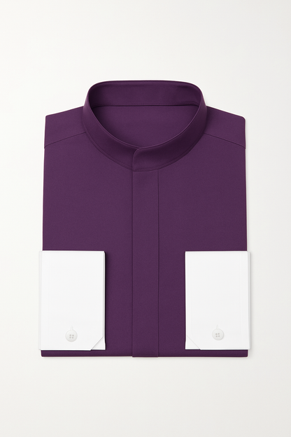 Men's Fashion Hidden Button French Cuff Mandarin Collarless Preacher Round Style Men's Dress Shirt - Image 2