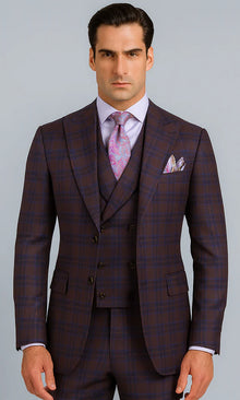 Purple Modern Fit Windowpane Peak Lapel 3 Piece Suit