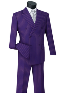 Men's purple pinstripe double breasted gangster suit with retro 20s theme