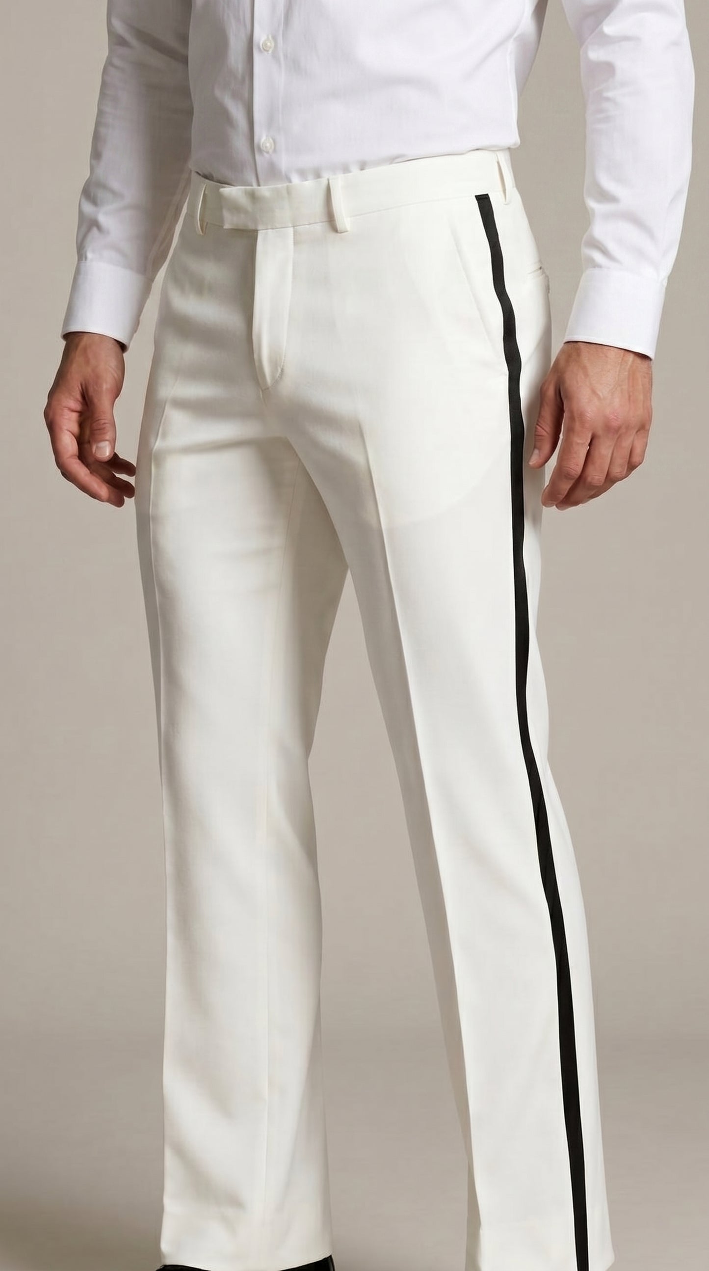 Men’s Ivory Tuxedo Pants with Black Satin Stripe, Flat Front Formal Dress Trousers