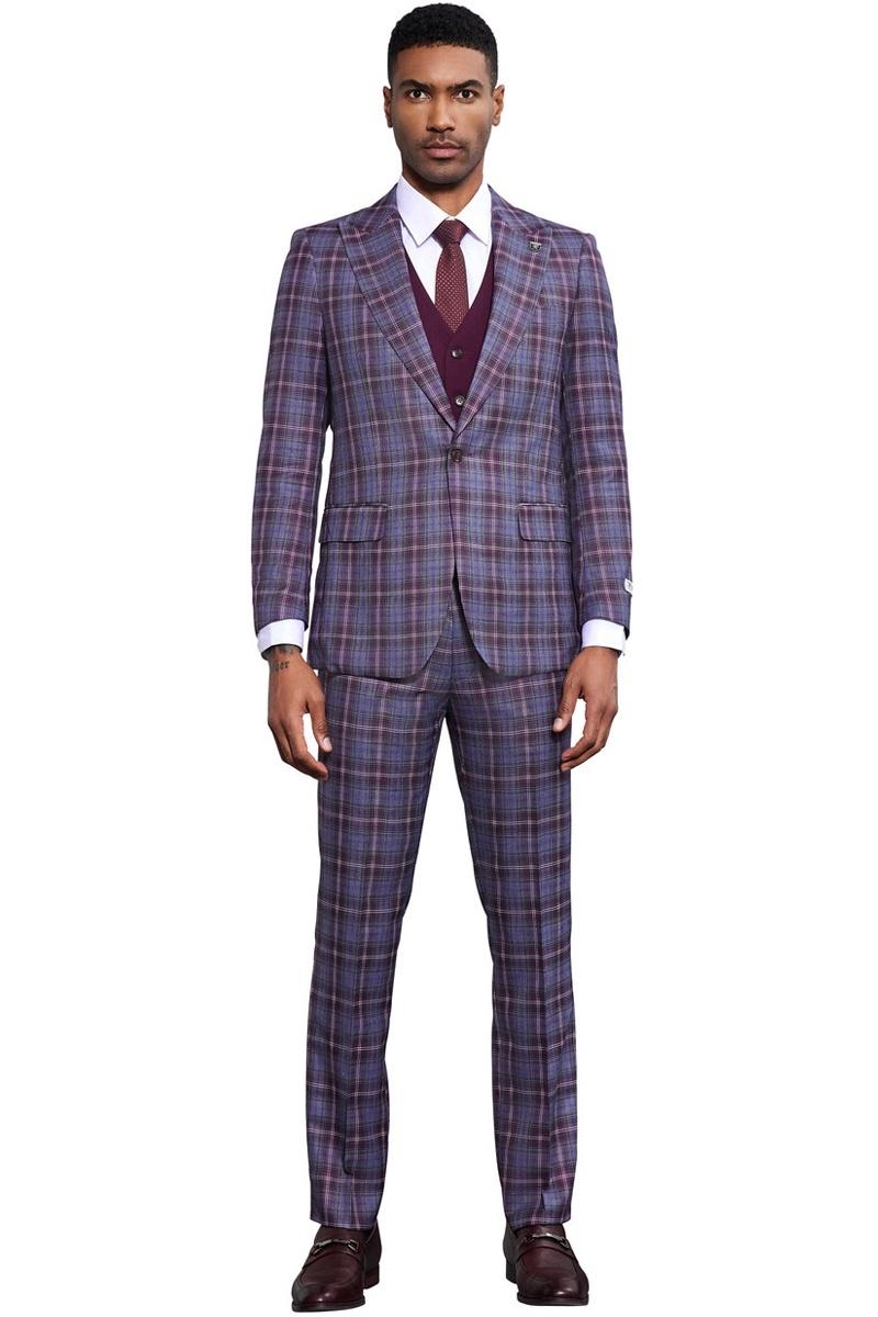 Men's Stacy Adams Bold Windowpane Plaid Print Vested Suit in Lavender & Purple - Image 2