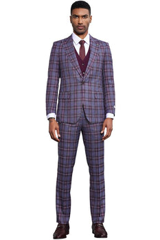 Men's Stacy Adams Bold Windowpane Plaid Print Vested Suit in Lavender & Purple - Image 2