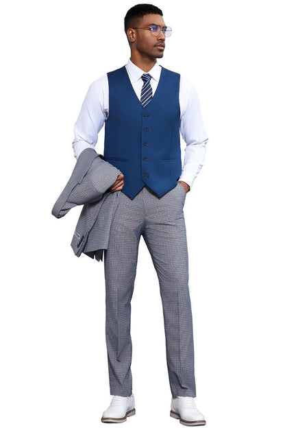 Men's Stacy Adams One Button Peak Lapel Vested Micro Check in Light Blue with a French Blue Vest - Image 3