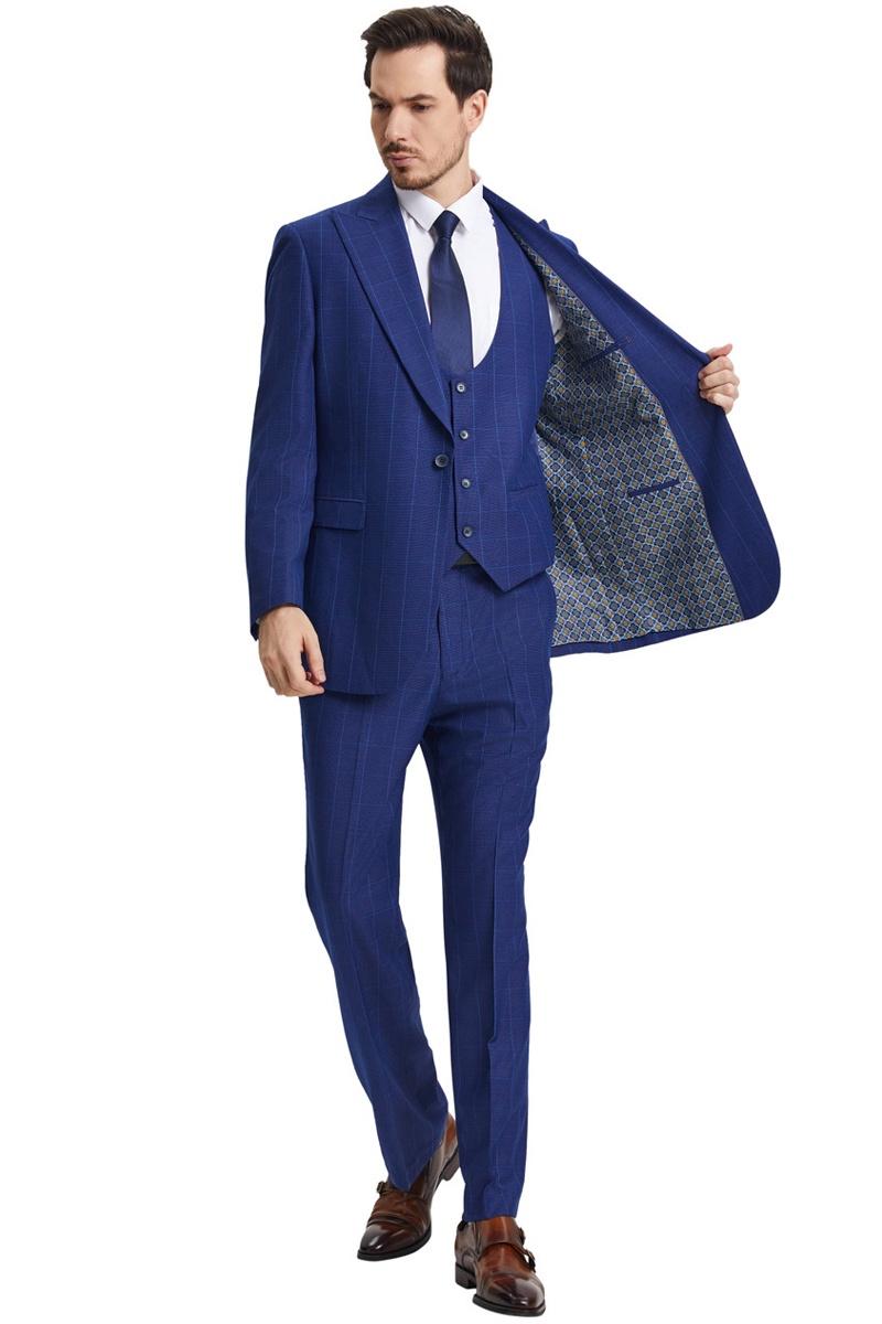 Men's Stacy Adams Peak Lapel Blue Windowpane Plaid Suit with a Scoop Neck Vest - Image 3