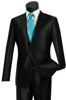 Mens 2 Button Slim Fit Shiny Sharkskin Suit in Black