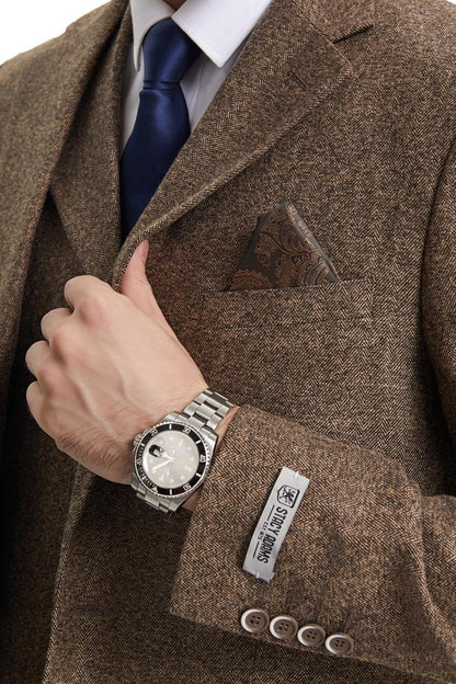 Men's Stacy Adams Vested Vintage Herringbone Tweed Suit in Light Brown - Image 3
