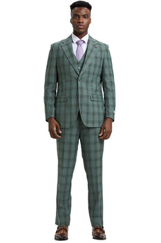 Men's Stacy Adams Two Button Vested Glen Plaid Check Suit in Light Olive Green - Image 2