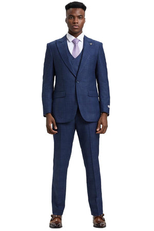 Men's Stacy Adams One Button Peak Lapel Double Breasted Vest Suit in Blue & Purple Plaid - Image 2