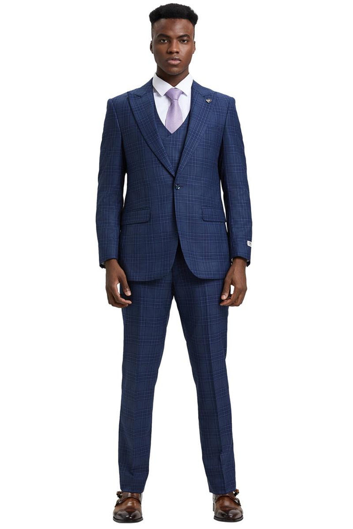 Men's Stacy Adams One Button Peak Lapel Double Breasted Vest Suit in Blue & Purple Plaid - Image 2