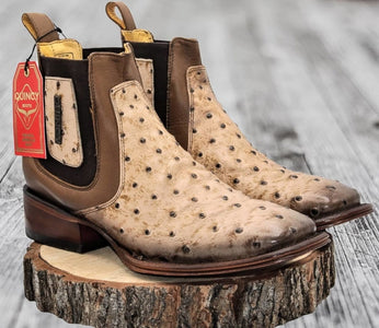 Men's Quincy Ostrich Print Leather Square Toe Ankle Boots