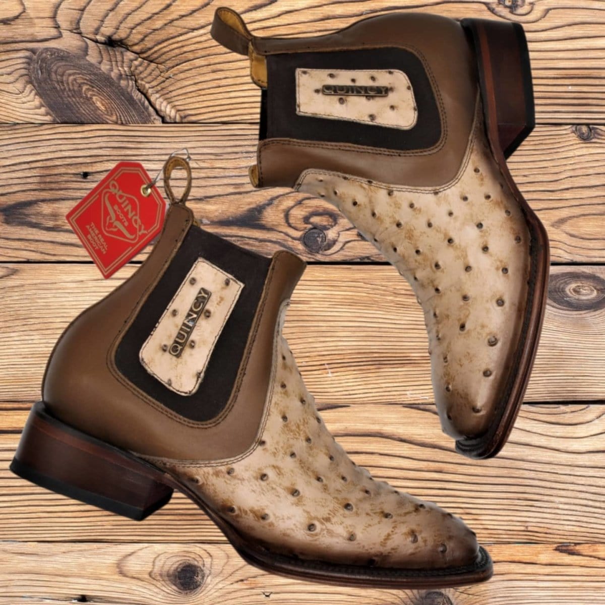 Men's Quincy Ostrich Print Leather Square Toe Ankle Boots - Image 3