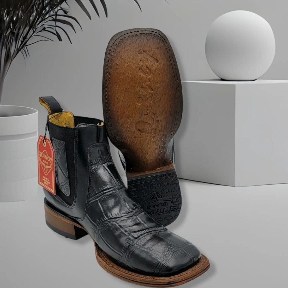 Men's Caiman Belly Print Leather Square Toe Ankle Boots - Image 7