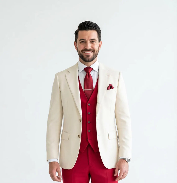 Men's Cream and Red 3 Piece Suit – Cream Blazer, Red Vest Suit and Red Pants