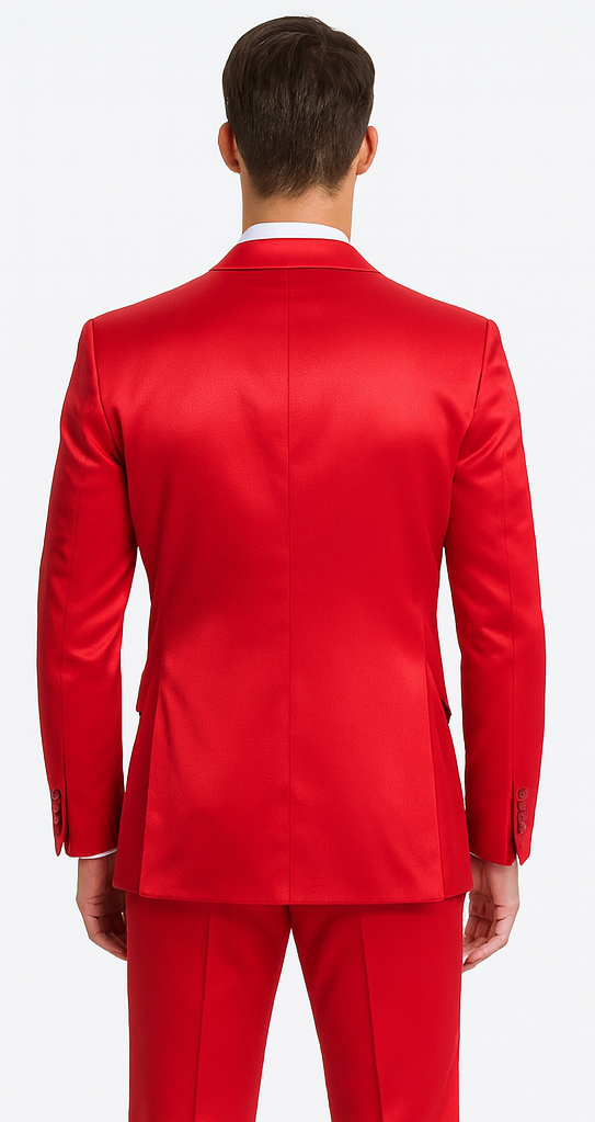 Men's Red Satin Slim Fit 3 Piece Tazzio Suit with Double Breasted Vest and Peak Lapel Jacket - Image 2