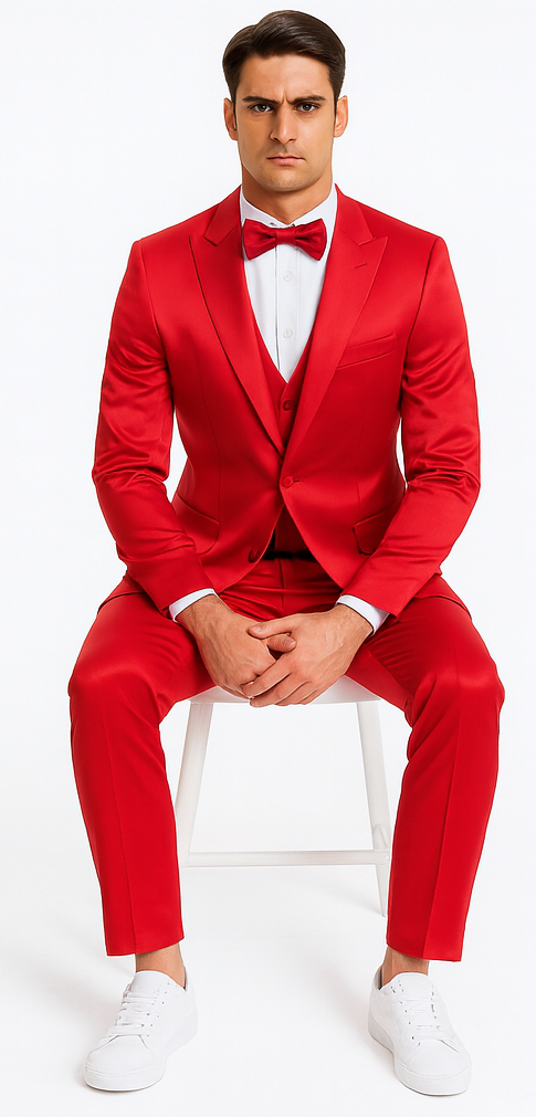 Men's Red Satin Slim Fit 3 Piece Tazzio Suit with Double Breasted Vest and Peak Lapel Jacket - Image 3