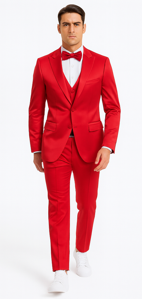 Men's Red Satin Slim Fit 3 Piece Tazzio Suit with Double Breasted Vest and Peak Lapel Jacket - Image 4