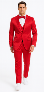Men's Red Satin Slim Fit 3 Piece Tazzio Suit with Double Breasted Vest and Peak Lapel Jacket