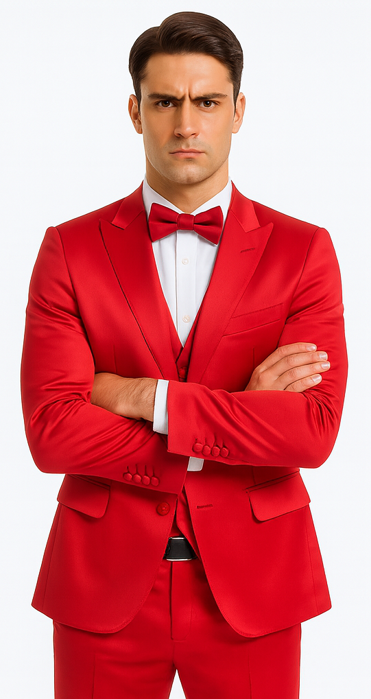 Men's Red Satin Slim Fit 3 Piece Tazzio Suit with Double Breasted Vest and Peak Lapel Jacket - Image 5