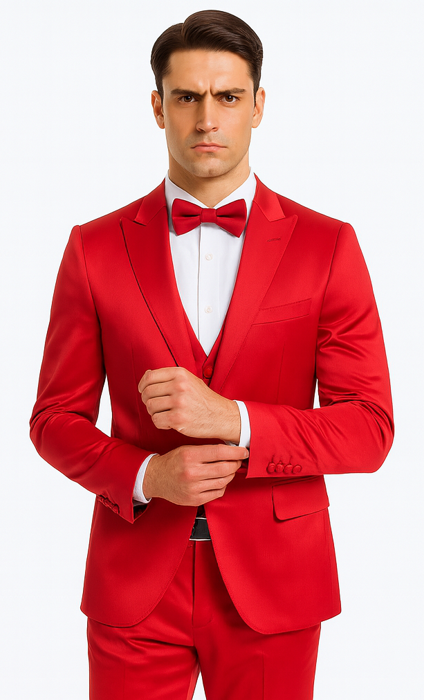 Men's Red Satin Slim Fit 3 Piece Tazzio Suit with Double Breasted Vest and Peak Lapel Jacket - Image 6
