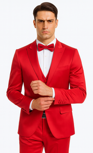 Men's Red Satin Slim Fit 3 Piece Tazzio Suit with Double Breasted Vest and Peak Lapel Jacket
