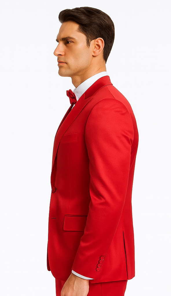 Men's Red Satin Slim Fit 3 Piece Tazzio Suit with Double Breasted Vest and Peak Lapel Jacket - Image 7