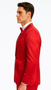 Men's Red Satin Slim Fit 3 Piece Tazzio Suit with Double Breasted Vest and Peak Lapel Jacket