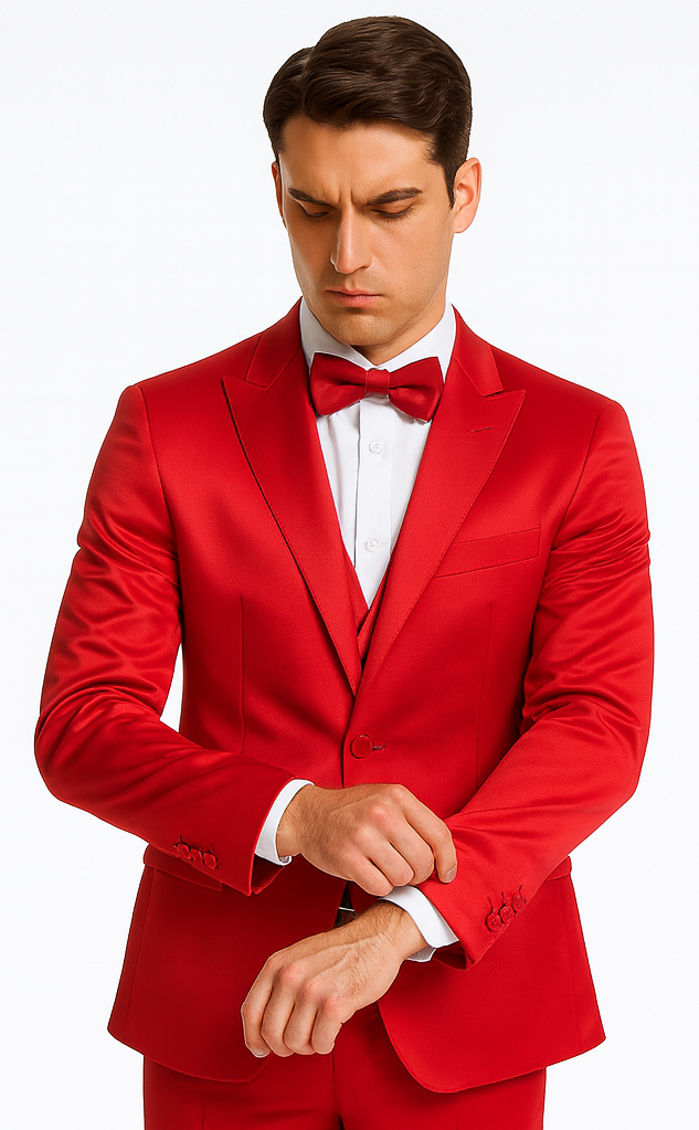 Men's Red Satin Slim Fit 3 Piece Tazzio Suit with Double Breasted Vest and Peak Lapel Jacket - Image 8
